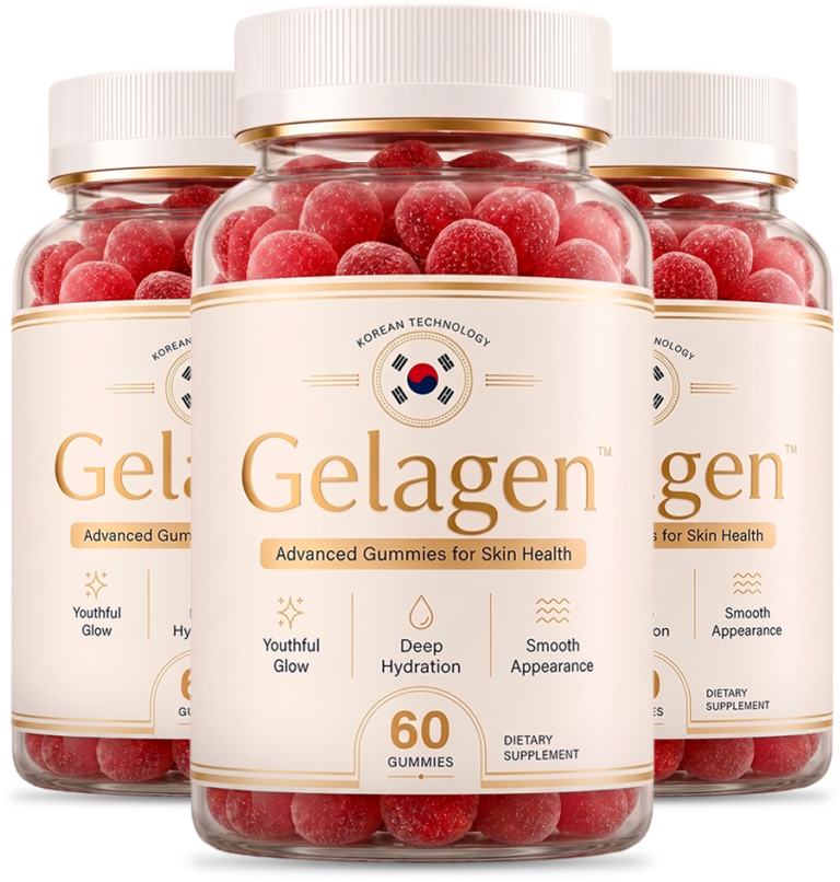 Gelagen Advanced Gummies for Skin Health three bottle package — 60 raspberry gummies per bottle
