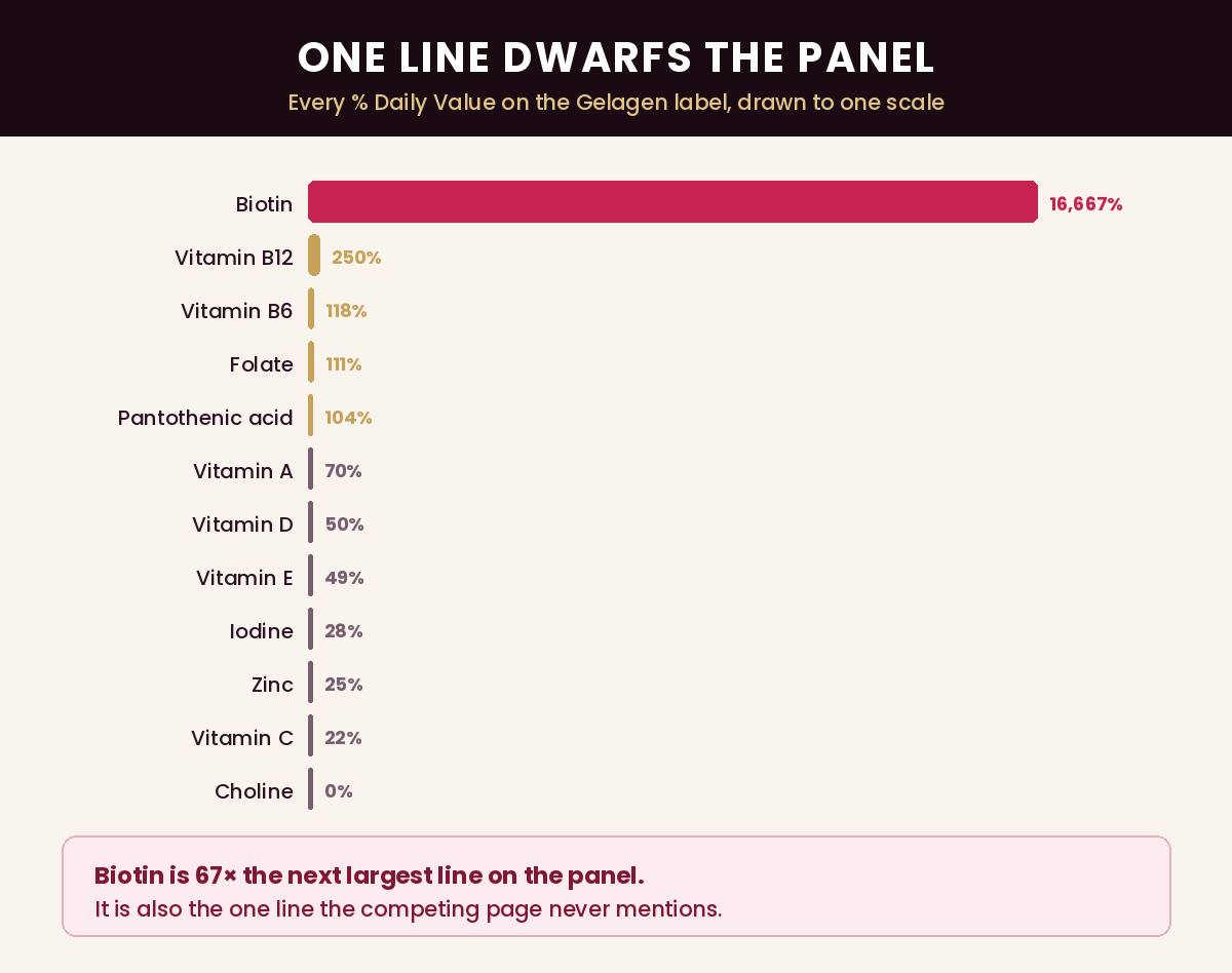 Every percentage Daily Value on the Gelagen label drawn to one scale, with biotin at 16,667 percent