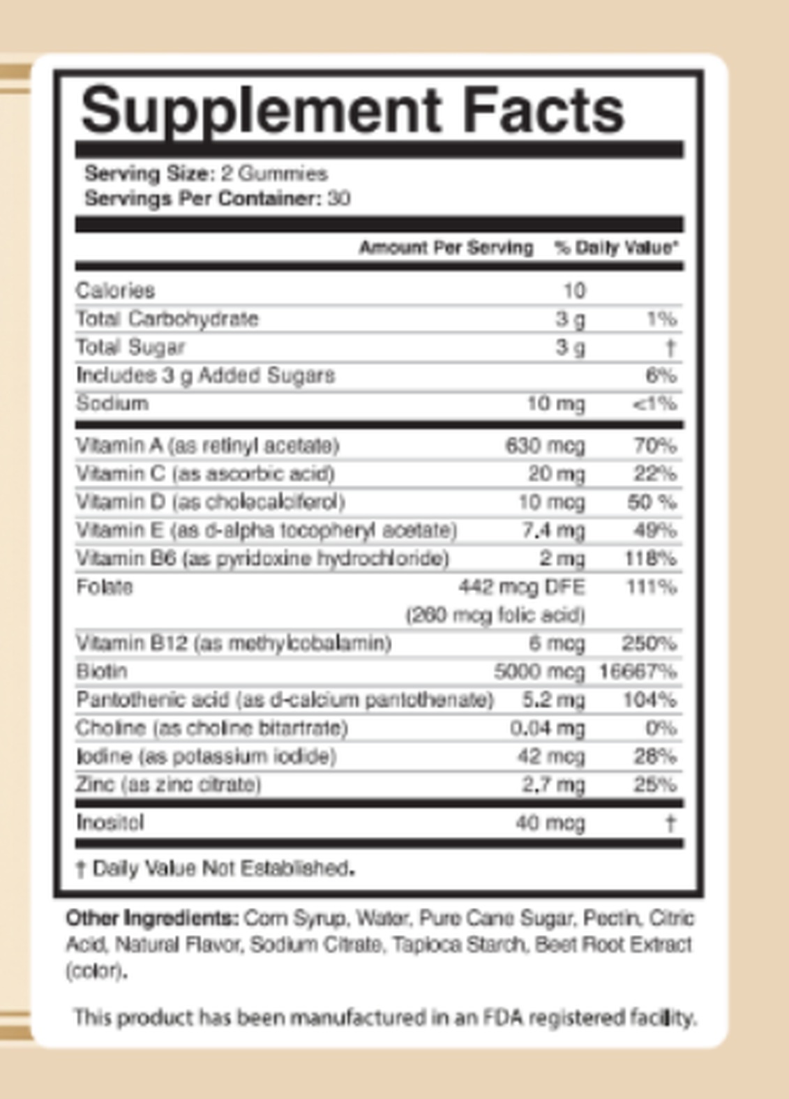 Gelagen Supplement Facts panel showing all thirteen nutrients with amounts and percentage Daily Values